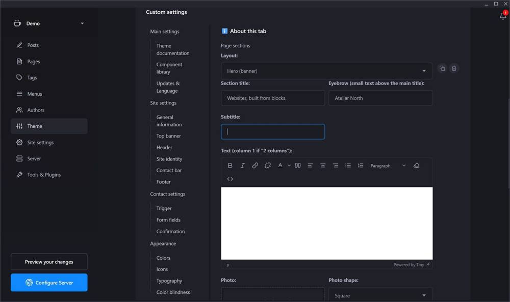 Publii, choosing a block layout in the theme settings